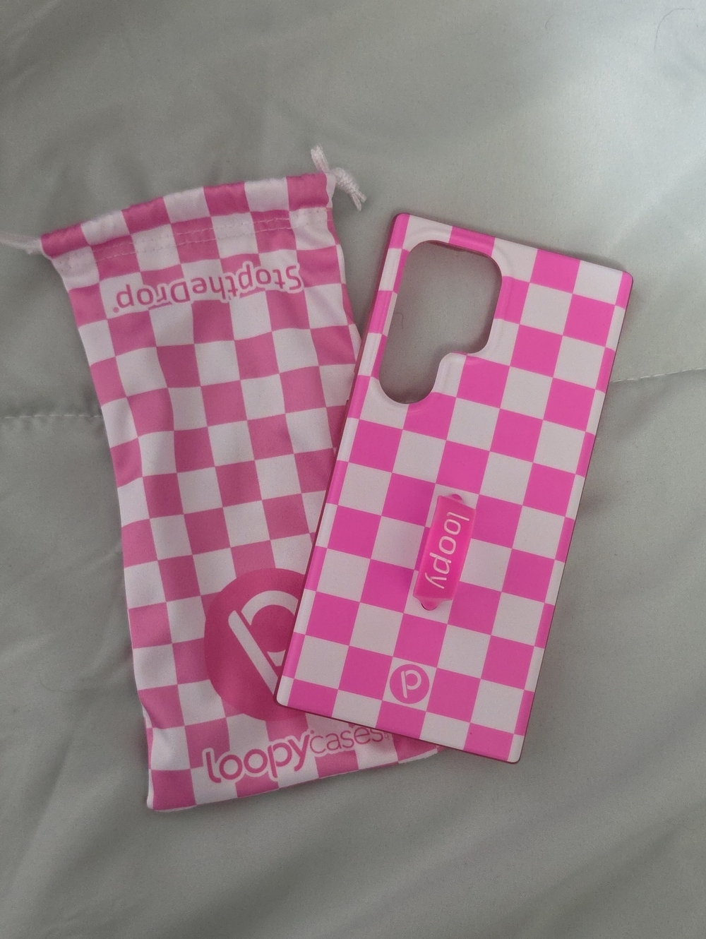 Loopy Case Pink & White Checkered Phone Case with Loop Grip